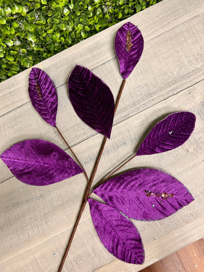 26 Inch Purple Velvet Sequin Magnolia Leaf Spray