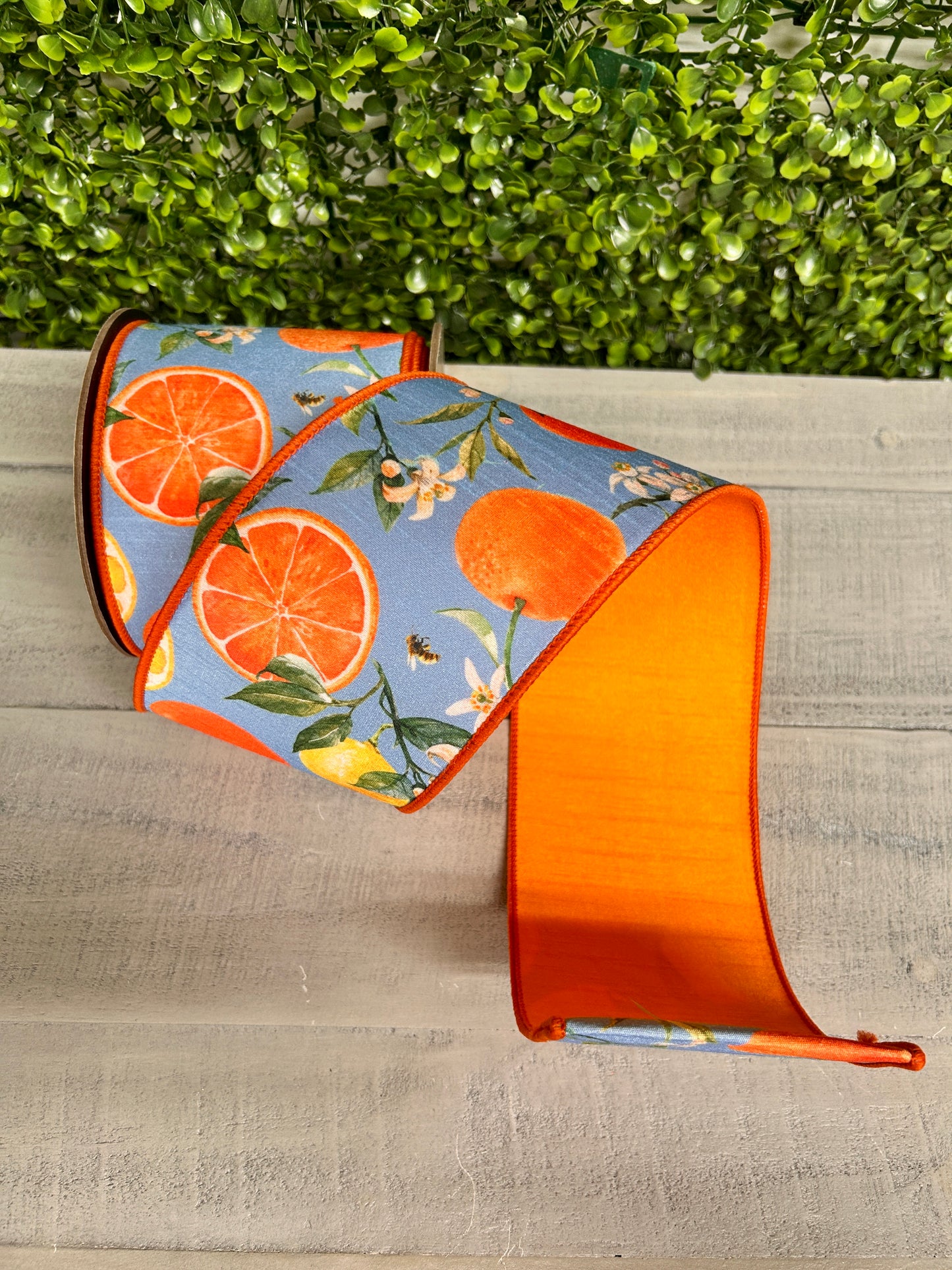 4 Inch By 10 Yard Blue Orange And Yellow Watercolor Citrus And Blossoms Dupioni Ribbon