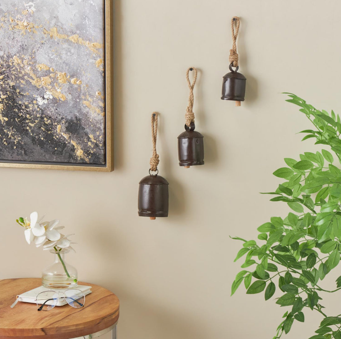 Black Metal Tibetan Inspired Indoor Outdoor Decorative Cow Bells With Jute Hanging Rope Set Of Three