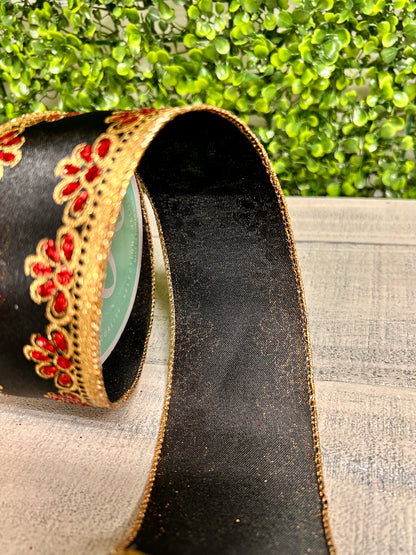 2.5 Inch By 10 Yard Black Gold And Red Lux Scallop Trim Ribbon