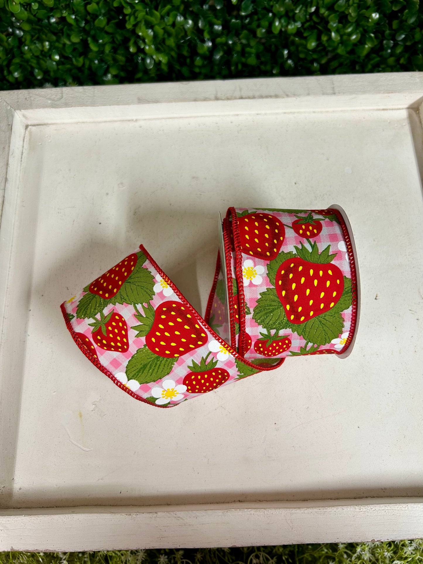 2.5 Inch By 10 Yard Red Pink And White Strawberries One Woven Check Ribbon