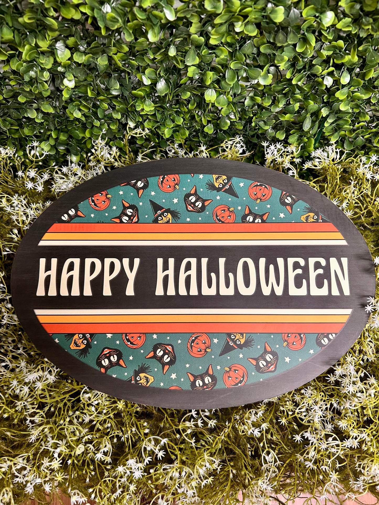 13 Inch By 9 Inch Teal Yellow And Orange Happy Halloween Oval Wood Sign
