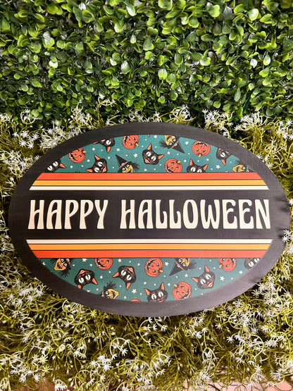 13 Inch By 9 Inch Teal Yellow And Orange Happy Halloween Oval Wood Sign