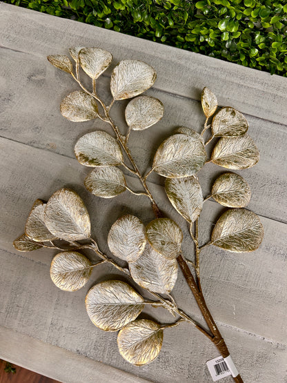 24 Inch Gold Eucalyptus Leaf Spray With Frost