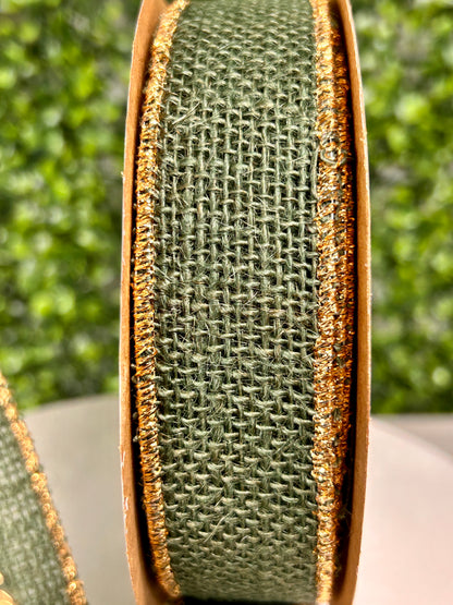 1 3/8 Inch By 10 Yard Hunter Green Burlap With Gold Edge Ribbon