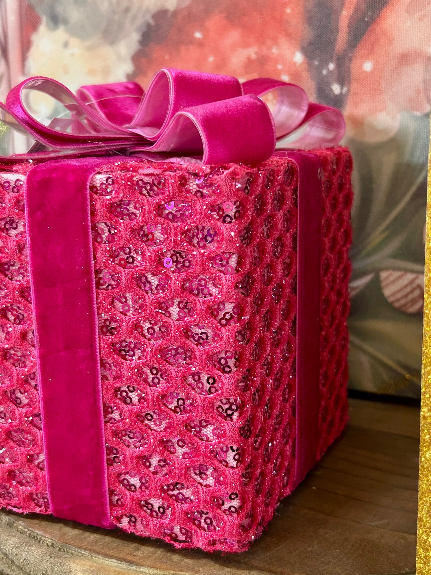 6.75 Inch Fuchsia Sequin Tinsel Gift Box Decoration