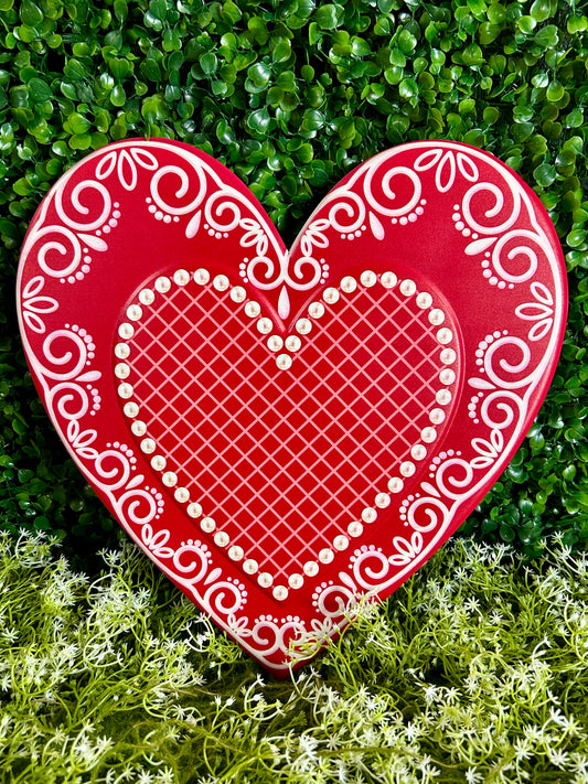12 Inch Red And White Lace Heart With Pearls Sign