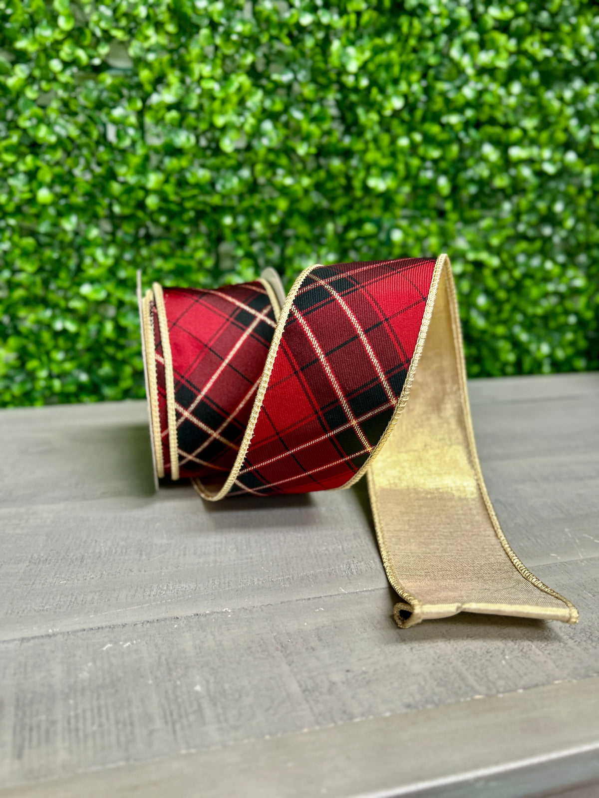 John Mark 2.5 Inch By 10 Yard Burgundy Plaid Fused Metallic Gold Backing Ribbon