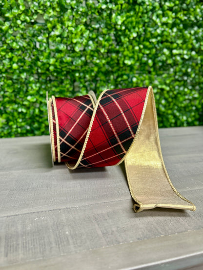 John Mark 2.5 Inch By 10 Yard Burgundy Plaid Fused Metallic Gold Backing Ribbon