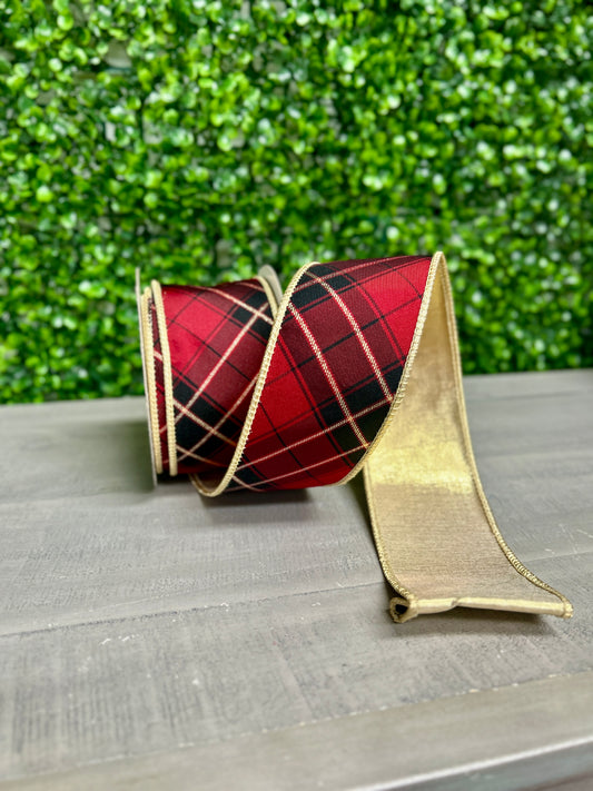 John Mark 2.5 Inch By 10 Yard Burgundy Plaid Fused Metallic Gold Backing Ribbon