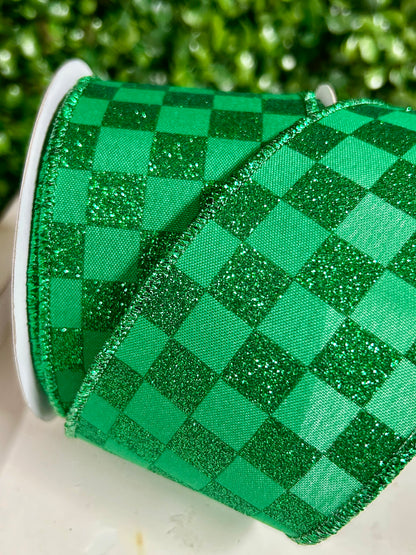 2.5 Inch By 10 Yard Emerald Green Glitter Check Ribbon