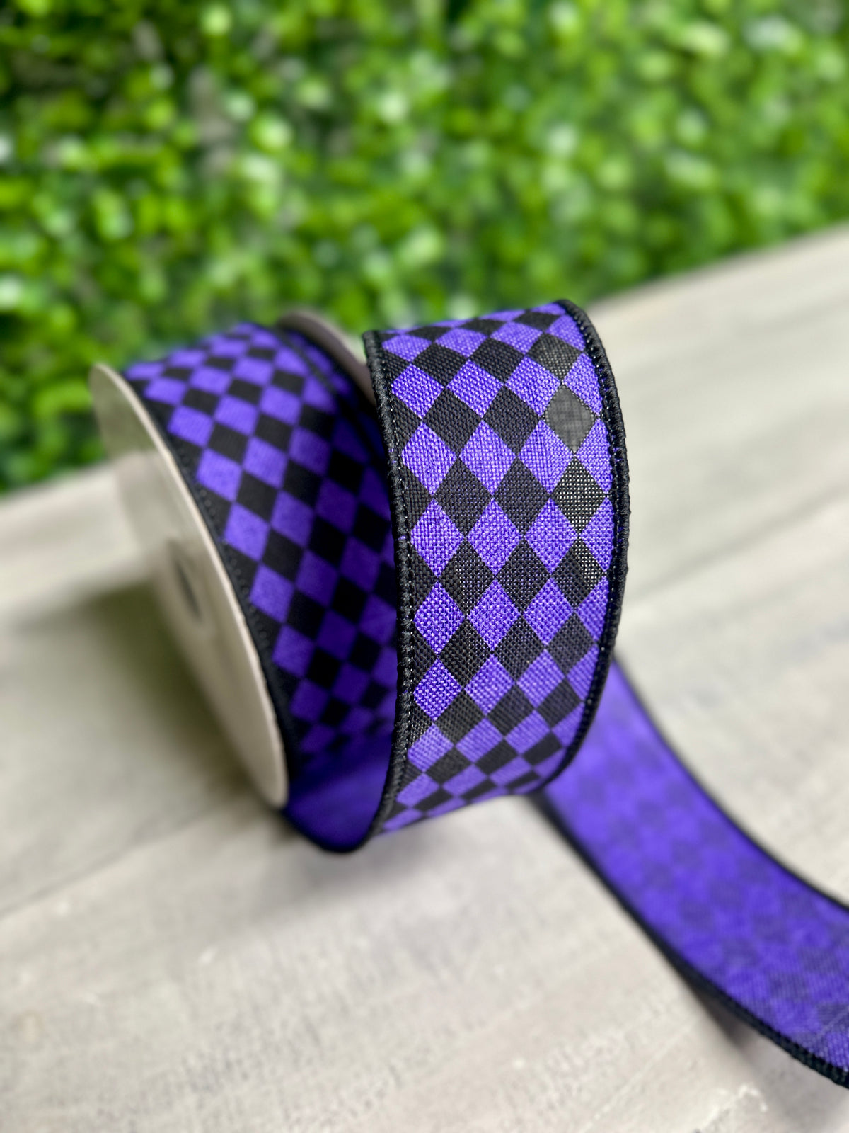 1.5 Inch By 10 Yard Purple And Black Small Harlequin On Royal Ribbon