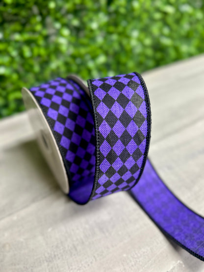 1.5 Inch By 10 Yard Purple And Black Small Harlequin On Royal Ribbon