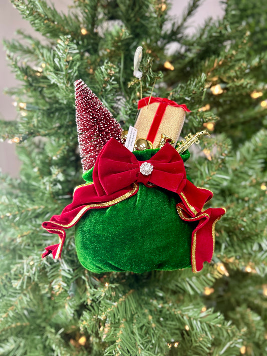 10 Inch Red Green Velvet Sack With Gift Tree Ornament