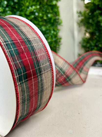 2.5 Inch By 50 Yard Natural Emerald And Dark Red Woven Plaid Ribbon