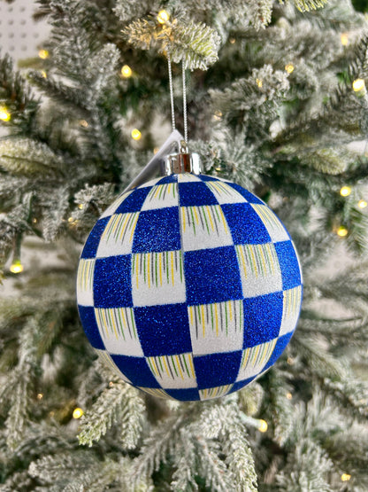 5 Inch Royal Blue Check Glitter Ornament