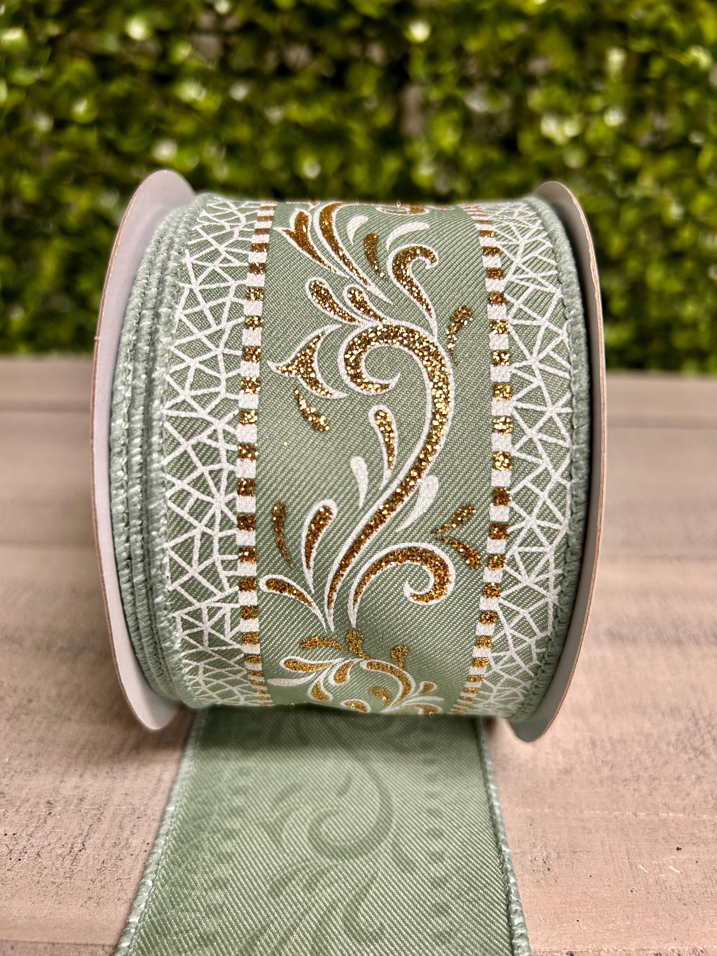 2.5 Inch By 10 Yard Sage Green White And Gold Swirls Ribbon
