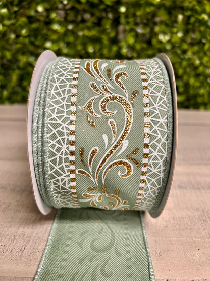 2.5 Inch By 10 Yard Sage Green White And Gold Swirls Ribbon