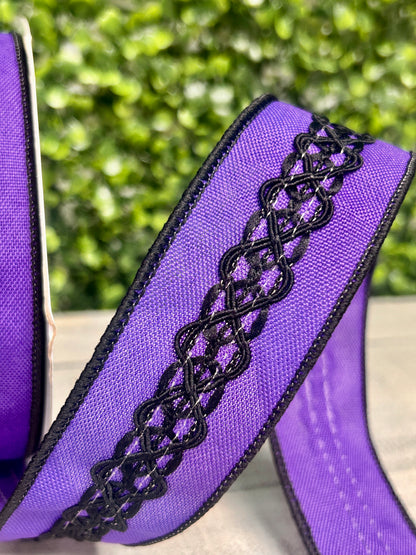 1.5 Inch By 10 Yard Purple And Black Lace On Faux Royal Ribbon