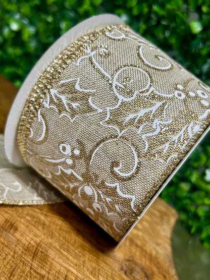 2.5 Inch By 10 Yard Champagne And Gold Holly Berry Leaf Ribbon