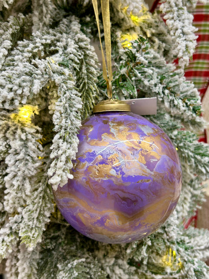 4 Inch Lavender Gold And White Marble Glass Ball Ornament