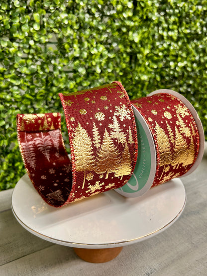 2.5 Inch By 10 Yard Burgundy And Gold Pine Trees And Snowflakes Ribbon