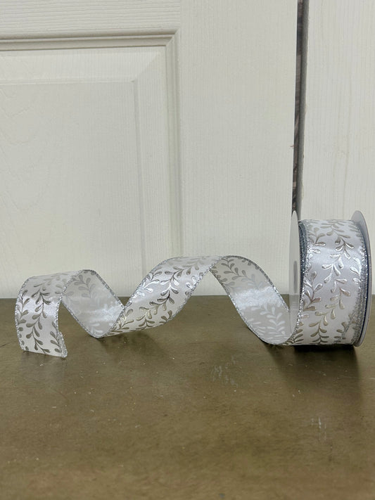 1.5 Inch By 10 Yard White And Silver Embossed Vines Ribbon