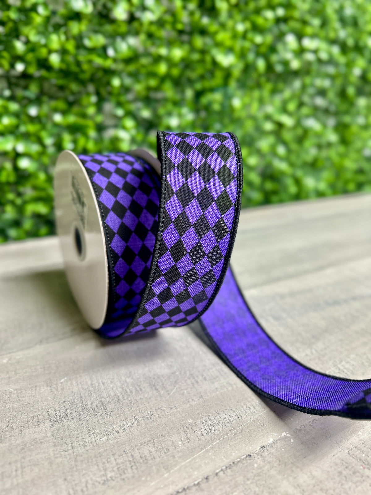 1.5 Inch By 10 Yard Purple And Black Small Harlequin On Royal Ribbon