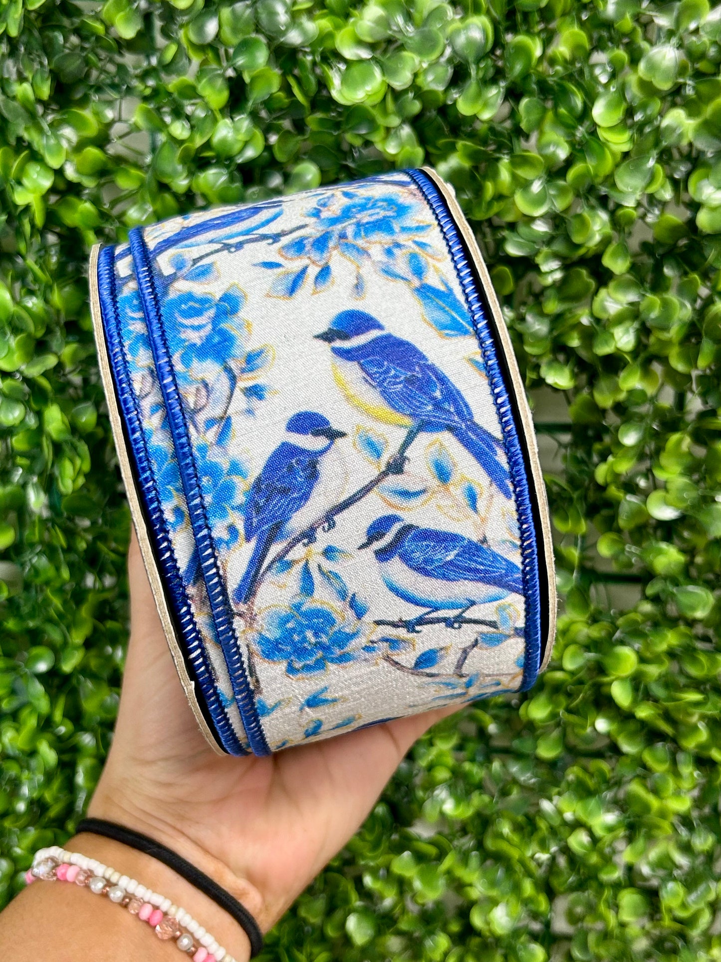 2.5 Inch By 10 Yard Blue Bird Perched Deluxe Dupioni Backed Wired Edge Ribbon