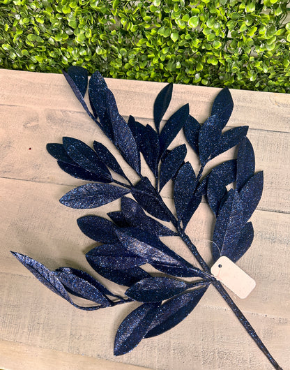 23 Inch Navy Blue Glitter Bay Leaf Spray