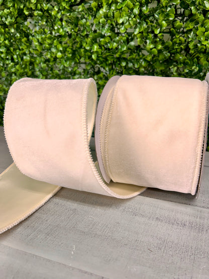 4 Inch By 10 Yard Cream Deluxe Velvet With Satin Backing Ribbon