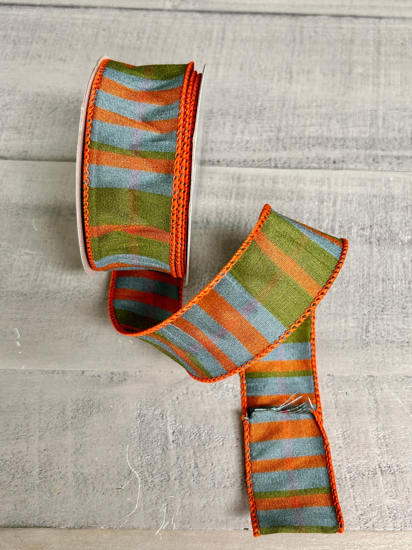 1.5 Inch By 10 Yard Moss Green Orange And Smoke Blue Faux Dupinoi Plaid Ribbon