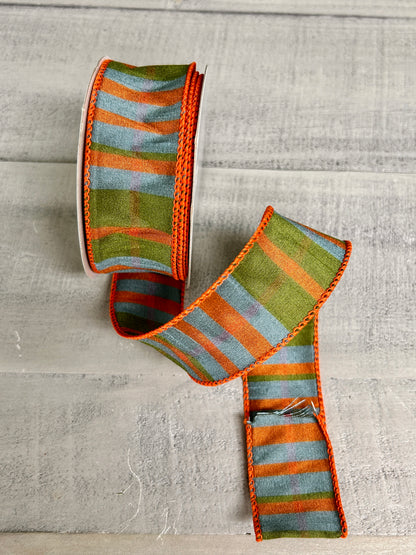 1.5 Inch By 10 Yard Moss Green Orange And Smoke Blue Faux Dupinoi Plaid Ribbon
