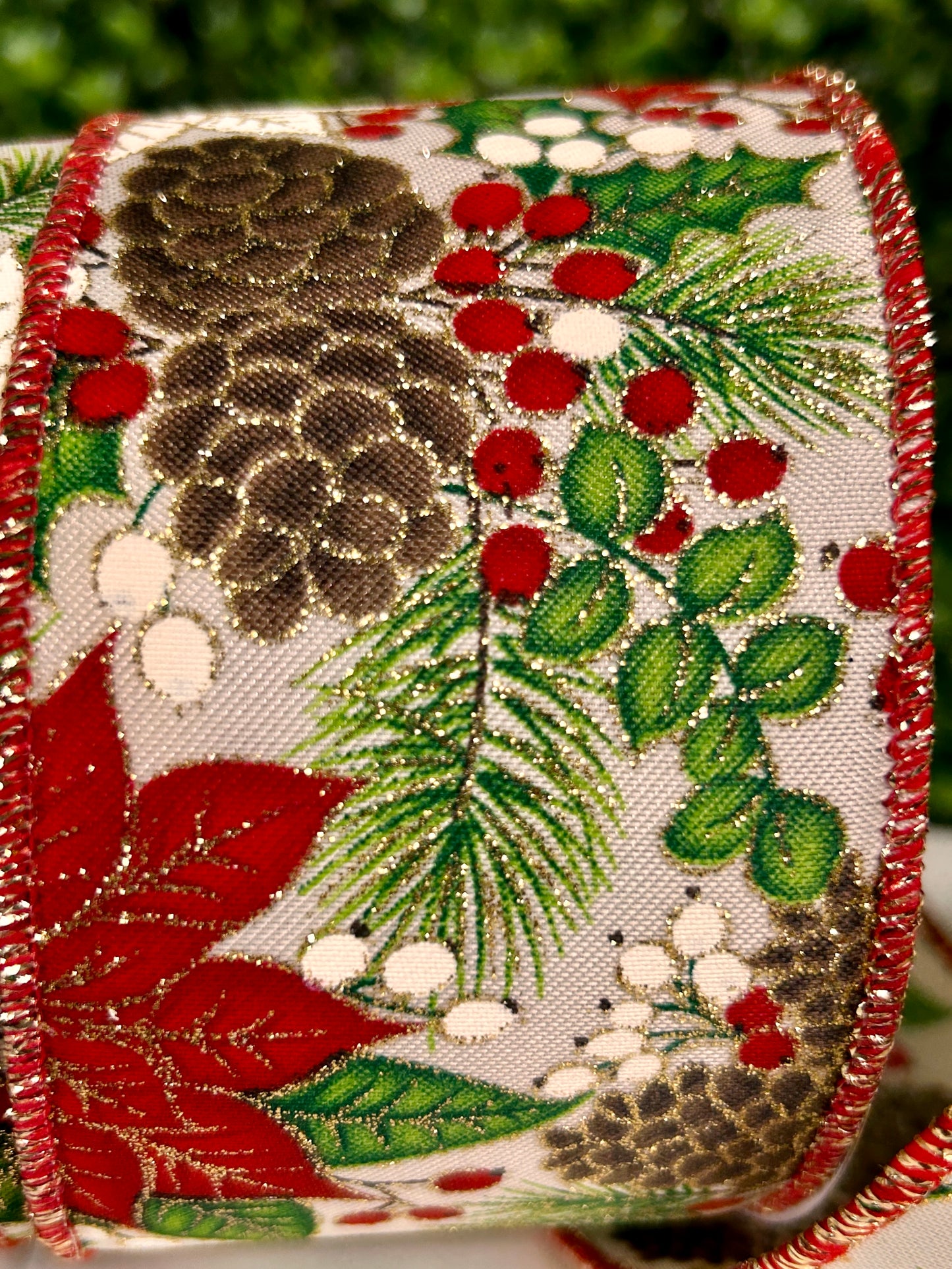 2.5 Inch By 10 Yard Poinsettia Foliage And Pinecones Ribbon