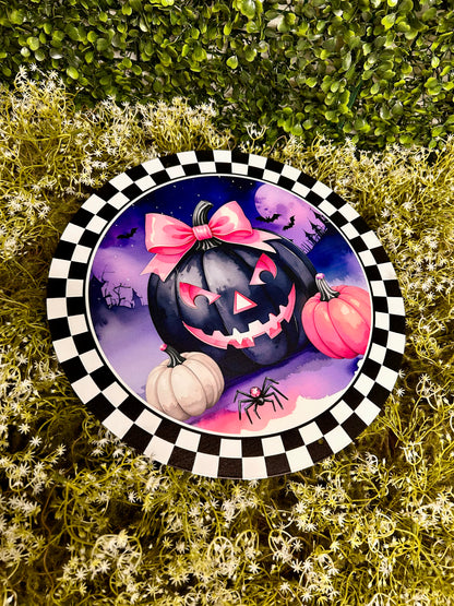 12 Inch Pink And Purple Jack-O-Lantern With Bow Sign