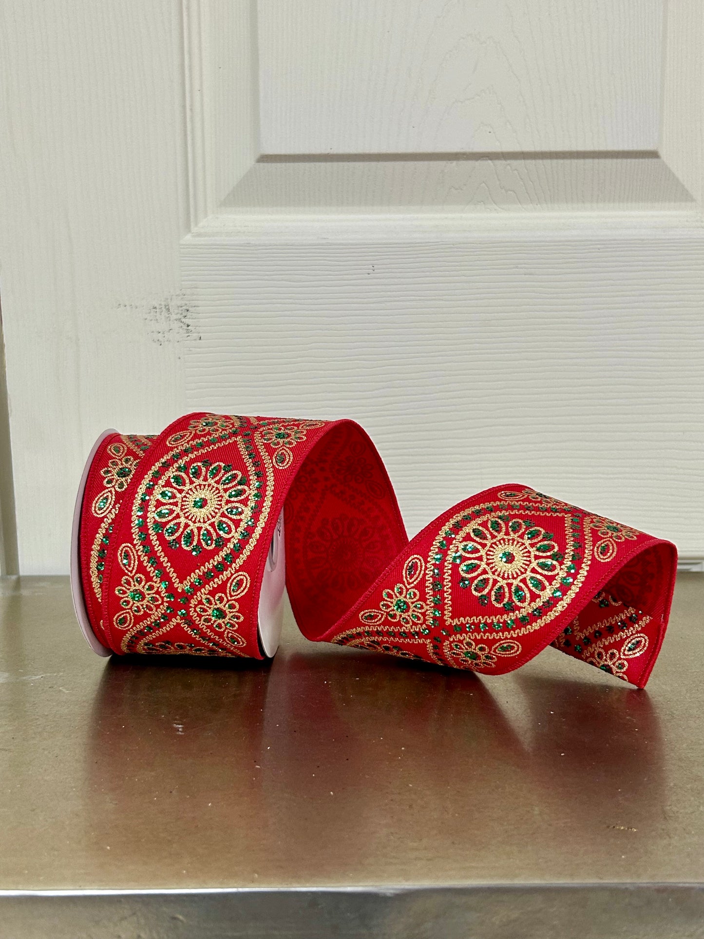 2.5 Inch By 10 Yard Red Emerald And Gold Deluxe Wavy Foral Ribbon