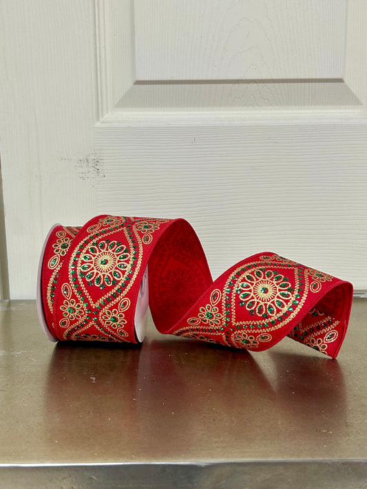 2.5 Inch By 10 Yard Red Emerald And Gold Deluxe Wavy Foral Ribbon