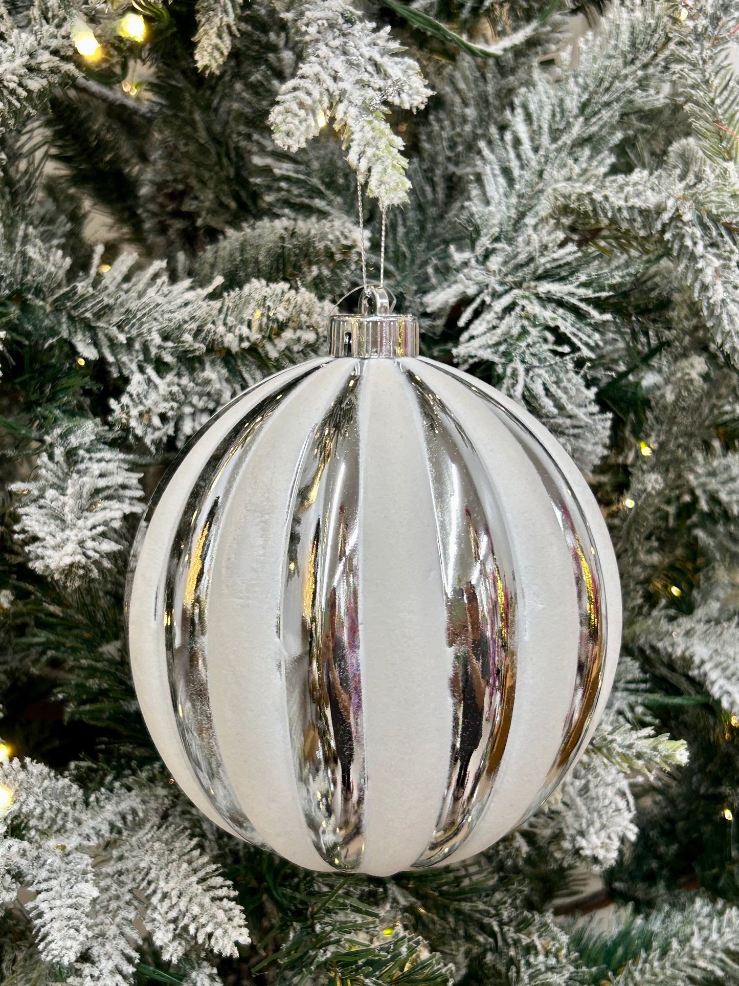 6 Inch Silver And White Stripe Ball Ornament