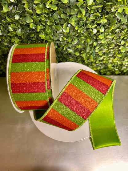 2.5 Inch By 10 Yard Hot Pink Orange And Lime Glitter Stripe Fused Ribbon