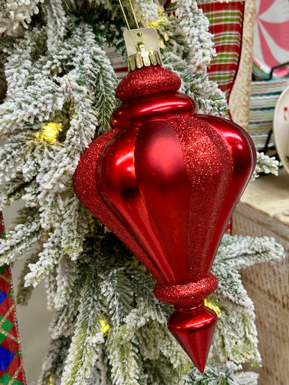 10 Inch Shiny Matte Red Glitter Finial Ornament