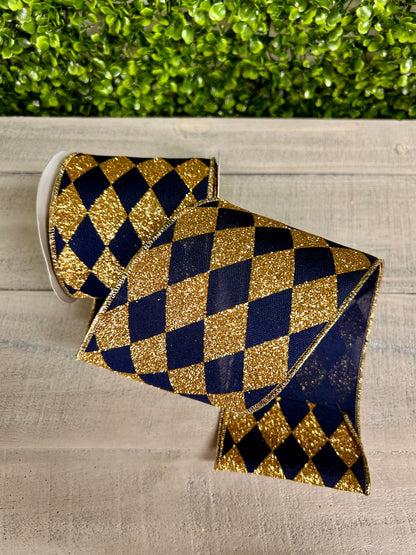 4 Inch By 10 Yard Navy Blue And Gold Harlequin Check Ribbon