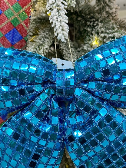 9.25 Inch Plush Aqua Bow Ornament