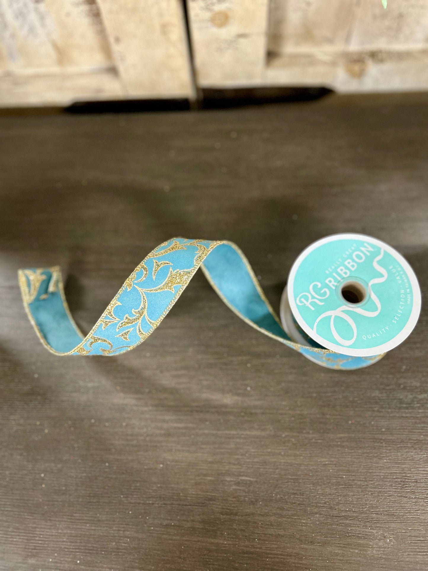 1.5 Inch By 10 Yard Smoke Blue And Gold Acanthus Leaf Ribbon