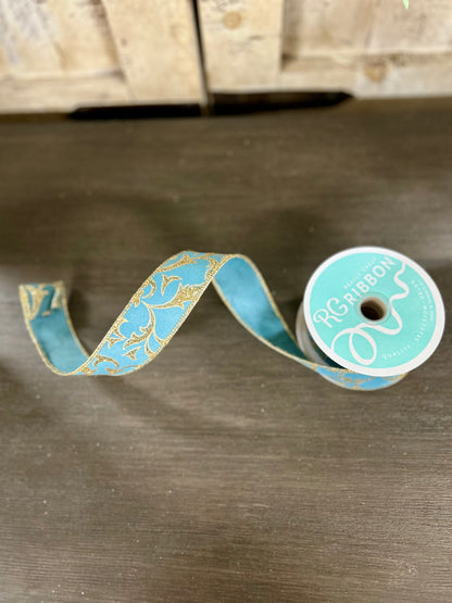 1.5 Inch By 10 Yard Smoke Blue And Gold Acanthus Leaf Ribbon