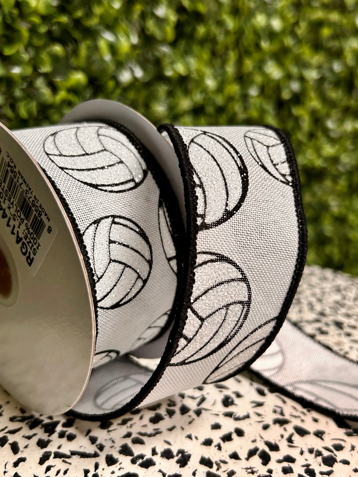 1.5 Inch By 10 Yard Black And White Glitter Volleyball Ribbon