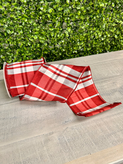 4 Inch By 10 Yard Red And Silver Grand Dupioni Plaid Ribbon