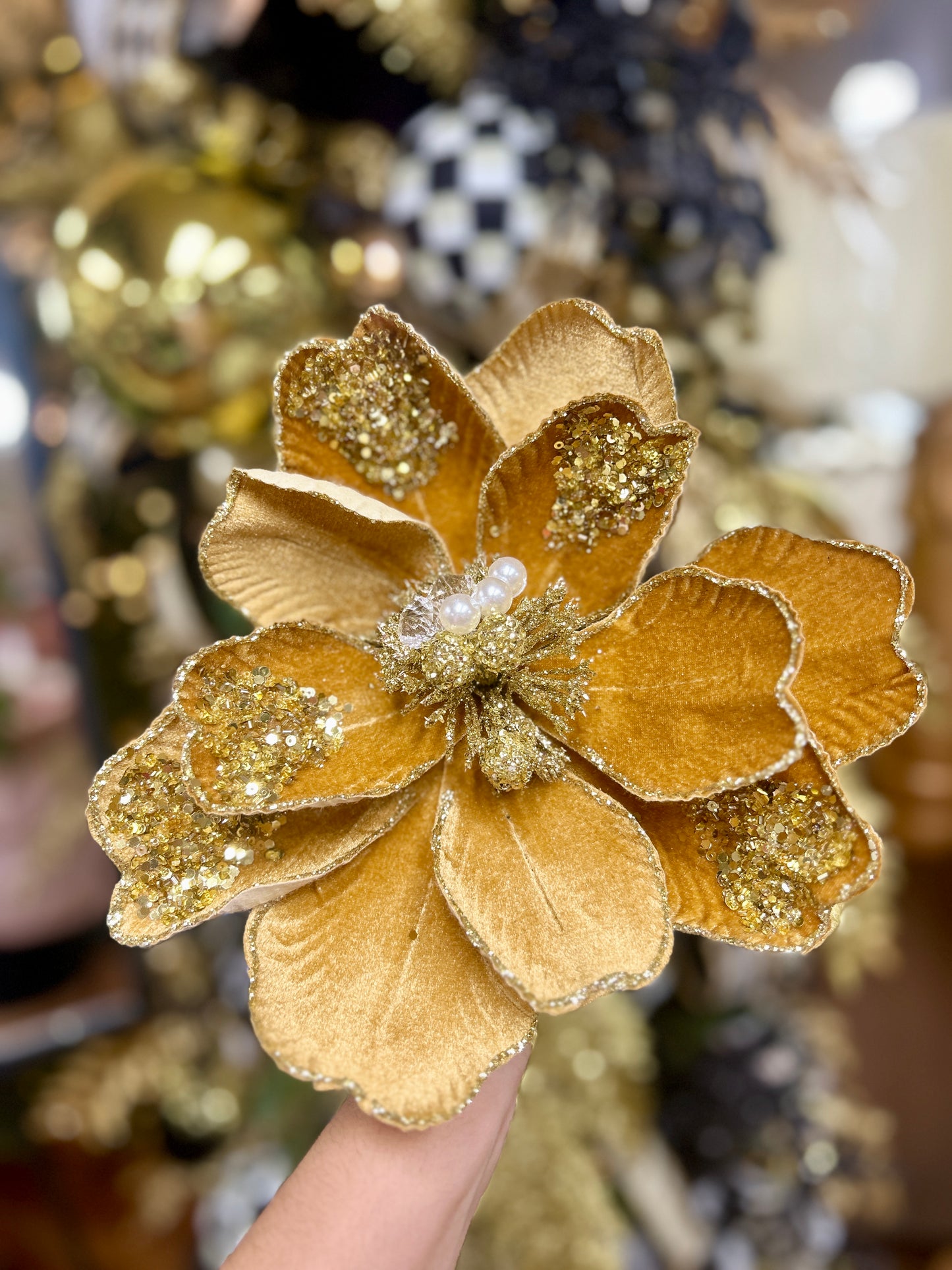 22 Inch Gold Glitter Sequin And Bead Magnolia Spray