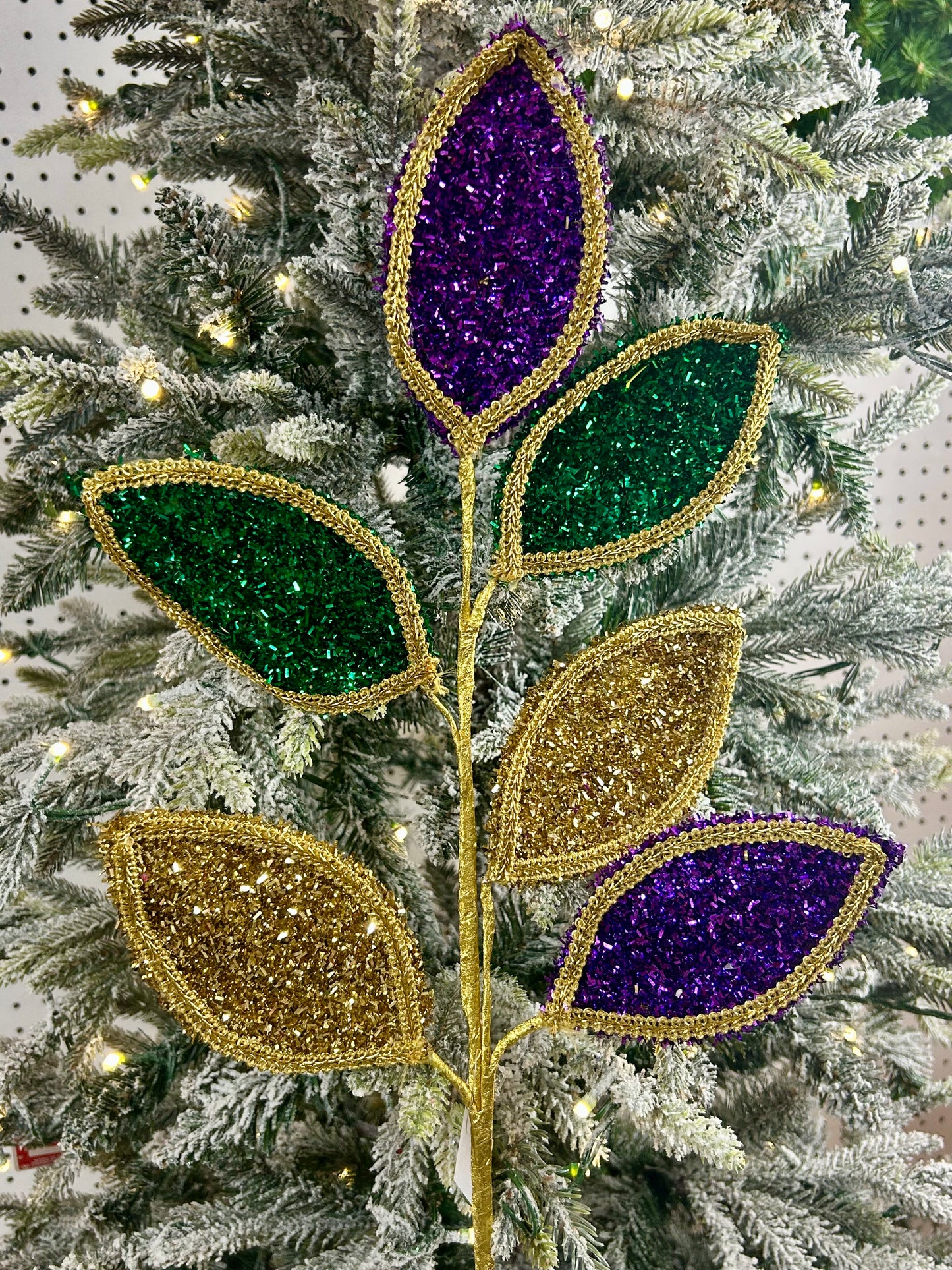 28 Inch Mardi Gras Glitter And Lace Leaf Spray