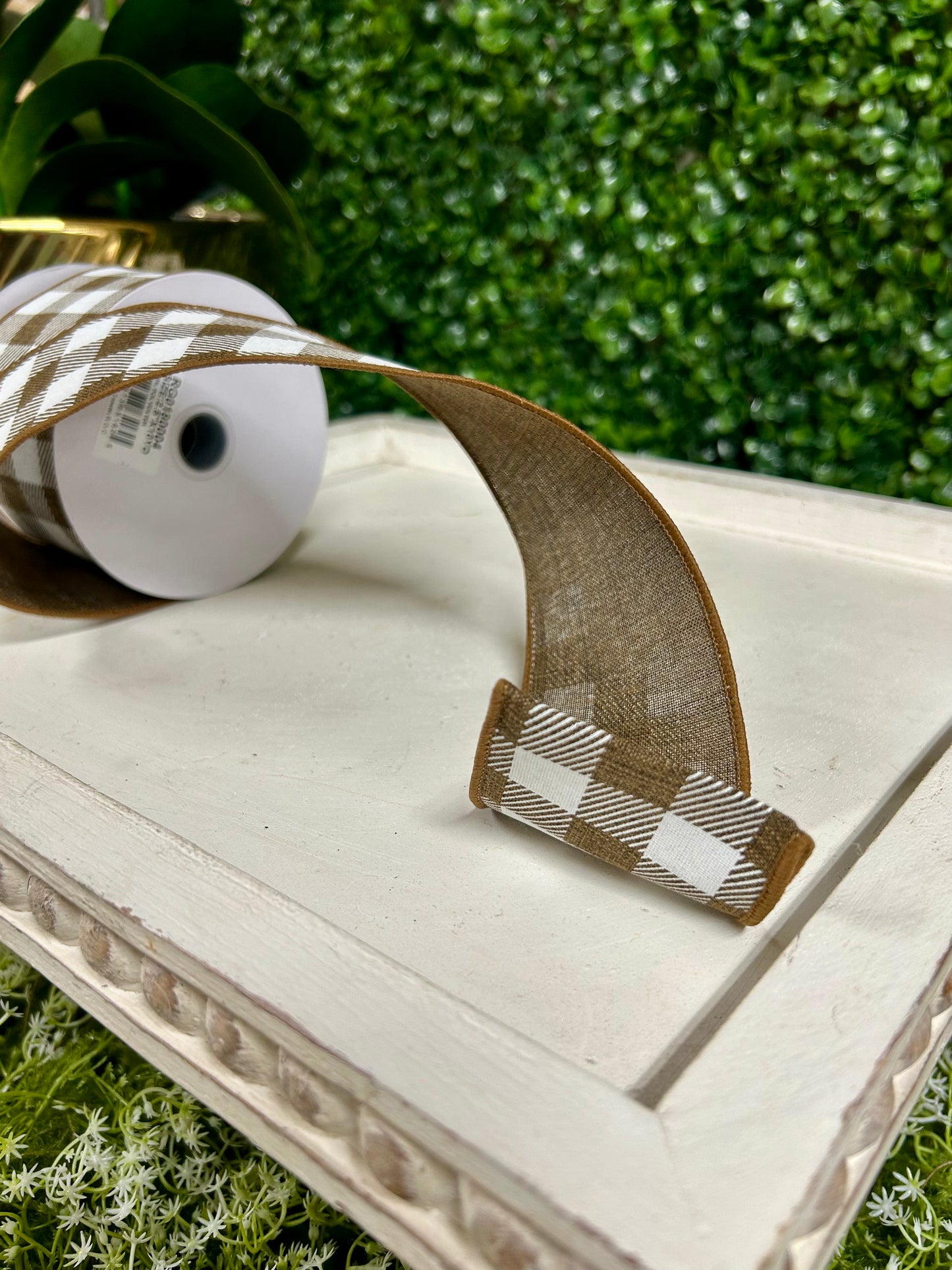 2.5 Inch By 10 Yard Brown And White Striped Check On Royal Ribbon