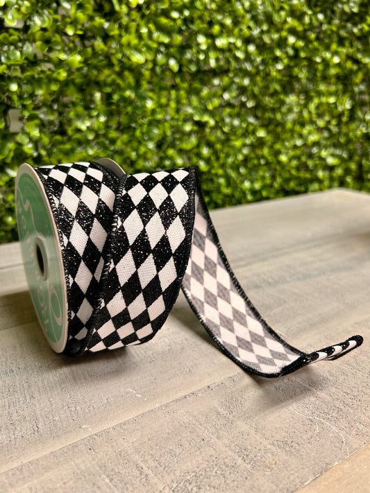 1.5 Inch By 10 Yard White And Black Glitter Harlequin Ribbon